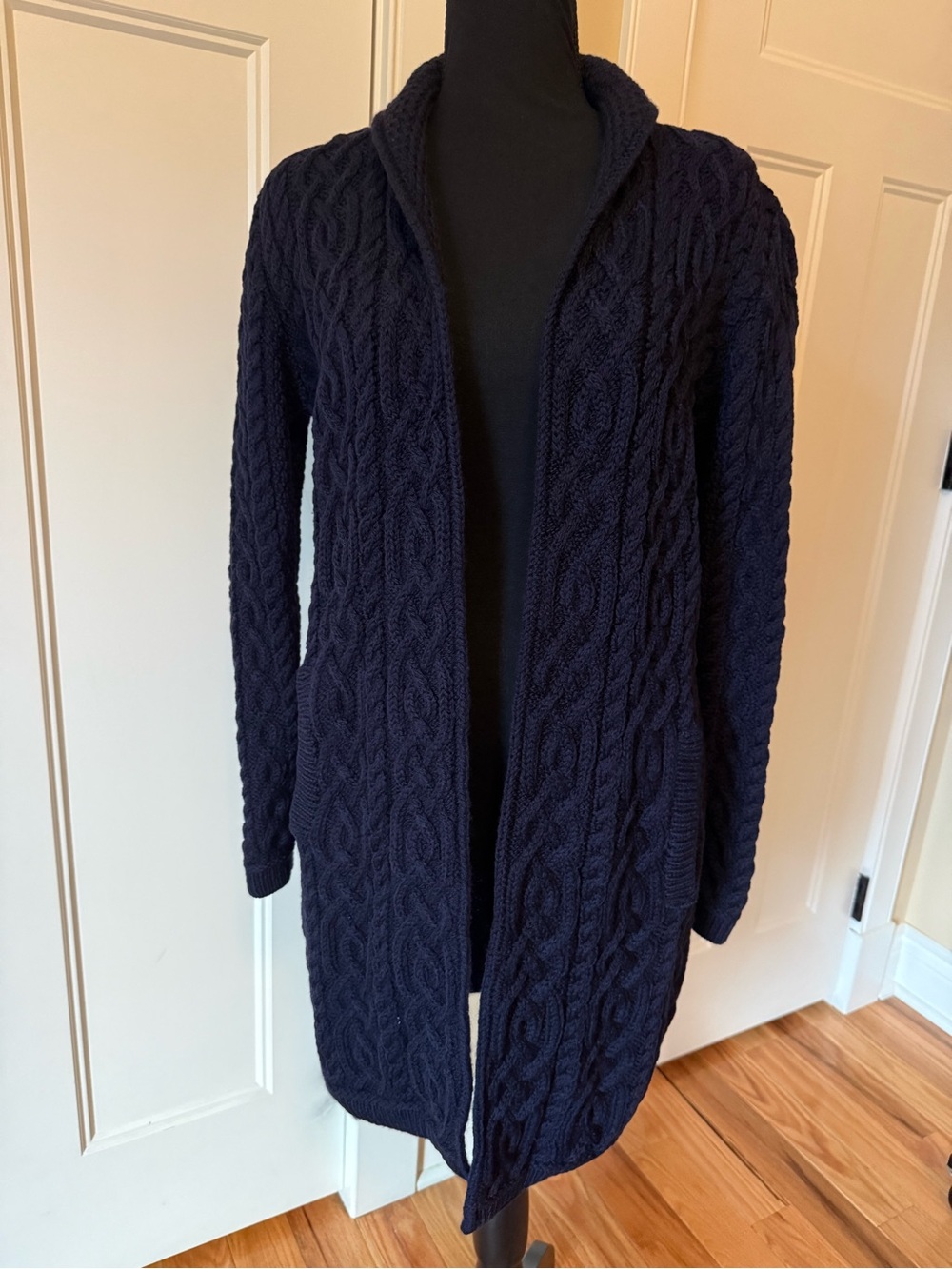 ARAN CRAFTS MERINO WOOL CABLE KNIT OPEN FRONT CARDIGAN SWEATER BLUE WOMEN’S SZ M